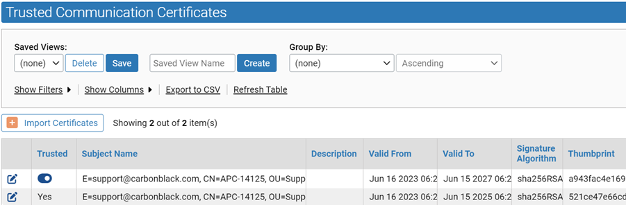 The Trusted Communications Certificate panel image