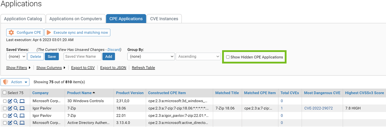 The CPE Applications tab on the Applications page