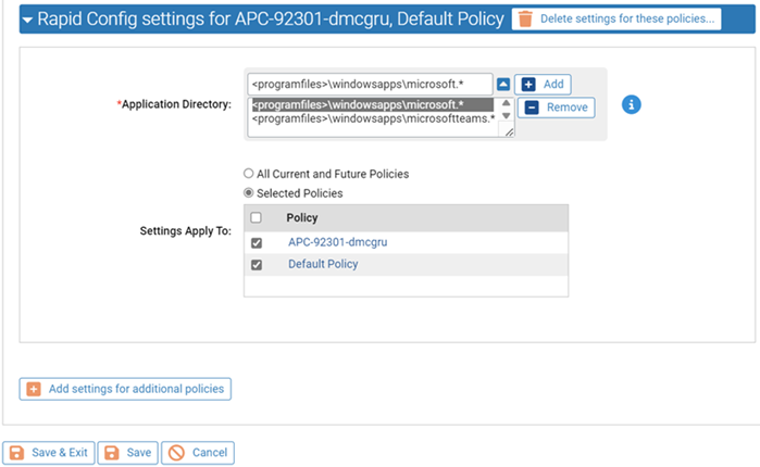 The Edit Rapid Config page showing the Rapid Config settings for the policies you selected
