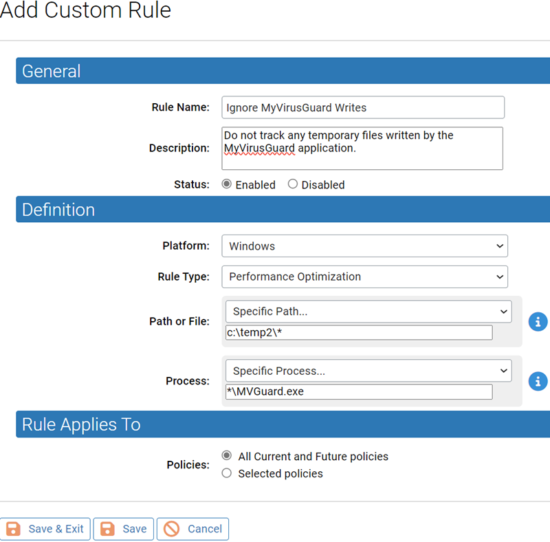 Example of adding a Custom rule with Performance Optimization rule type