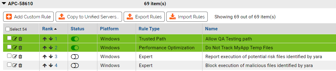 The green-highlighted rules on the rules pages for all servers under unified management