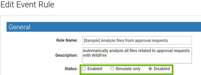 The Edit Event Rule page with the Simulate only option for the Status field.