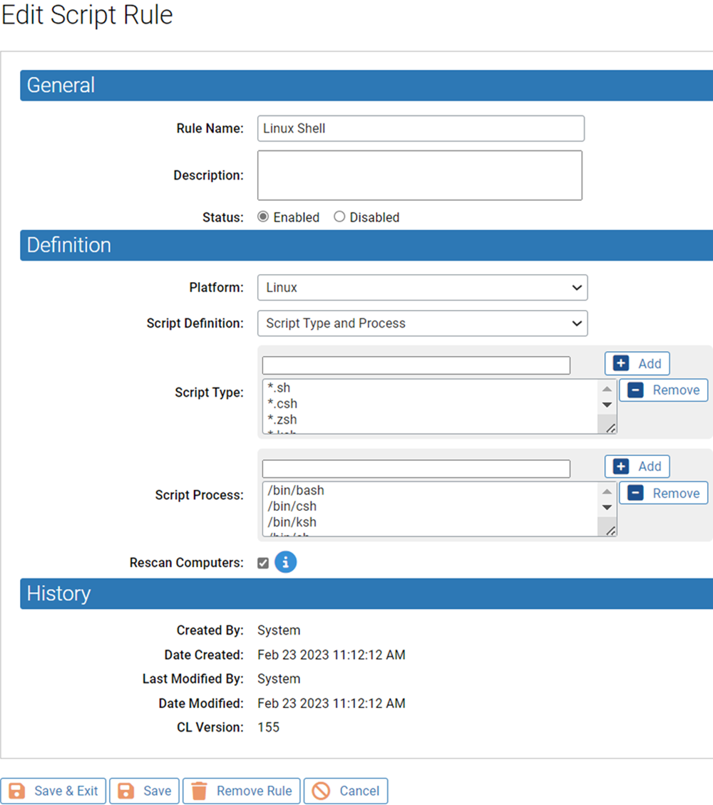 The Edit Script Rule page showing the Linux Shell script rule