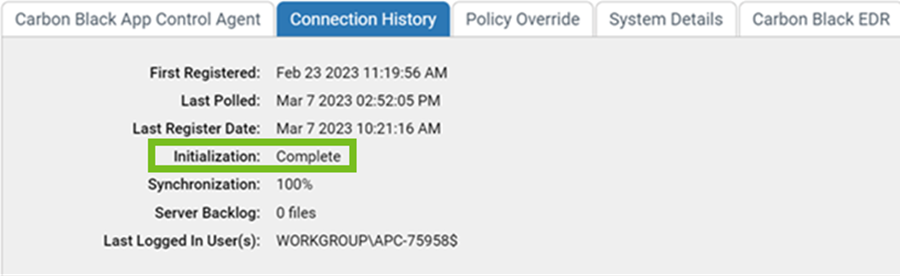 The initialization field showing the progress on the Connection History tab
