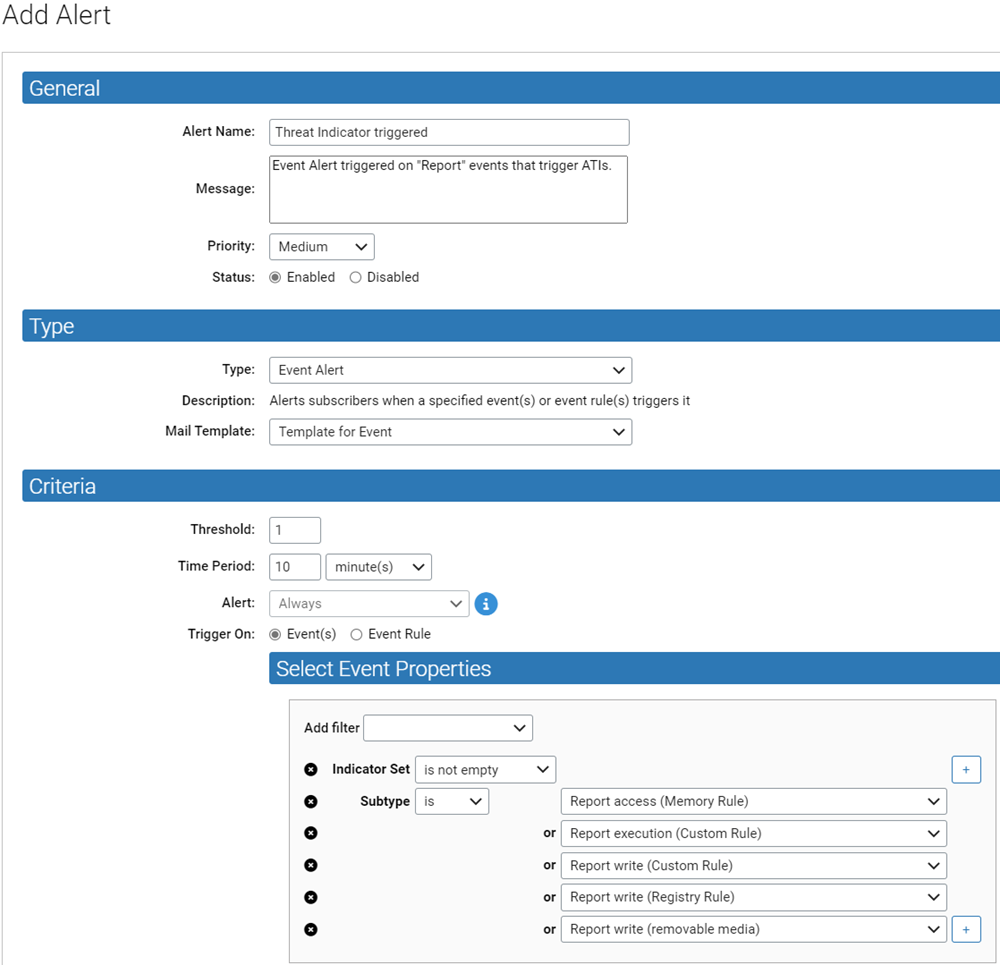 The Adding an Event Alert on the Add Alert page